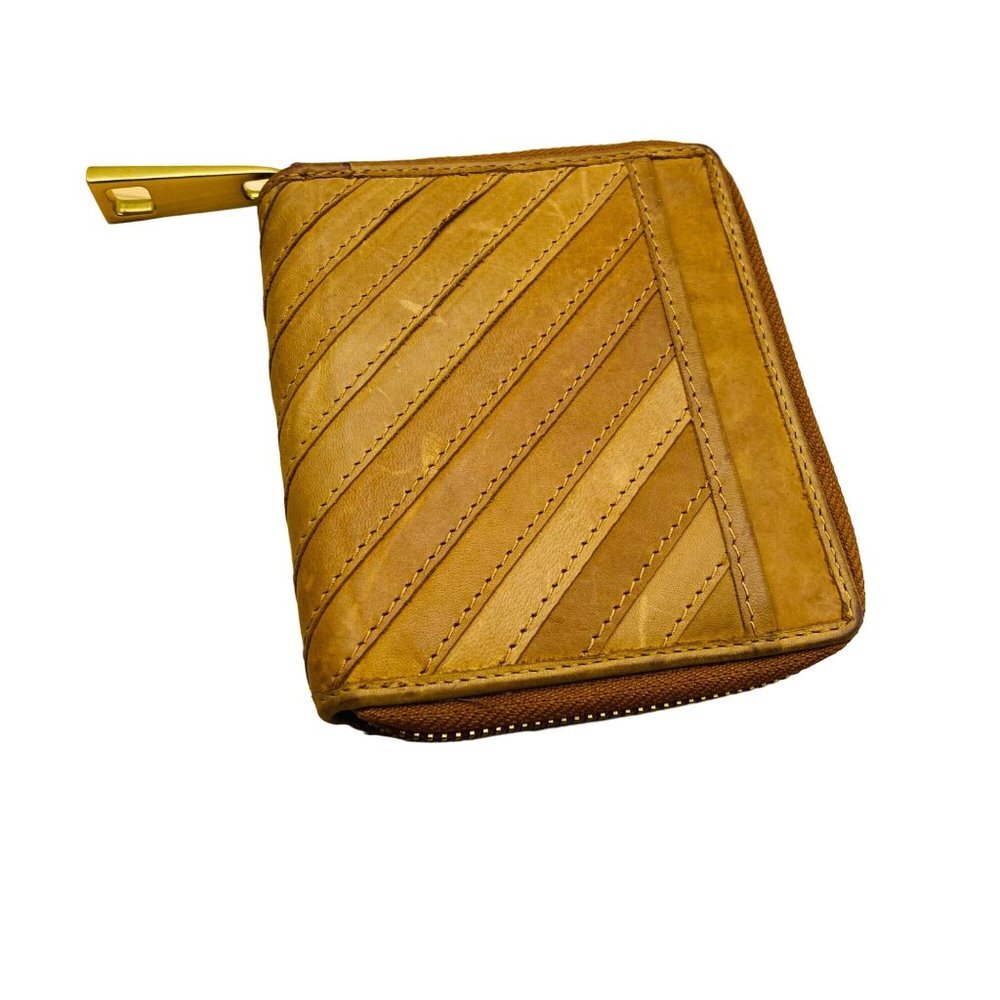 Margot Cognac Brown Leather Chevron Cyrus Slim Zip Around Wallet 5”x1”x4.5”